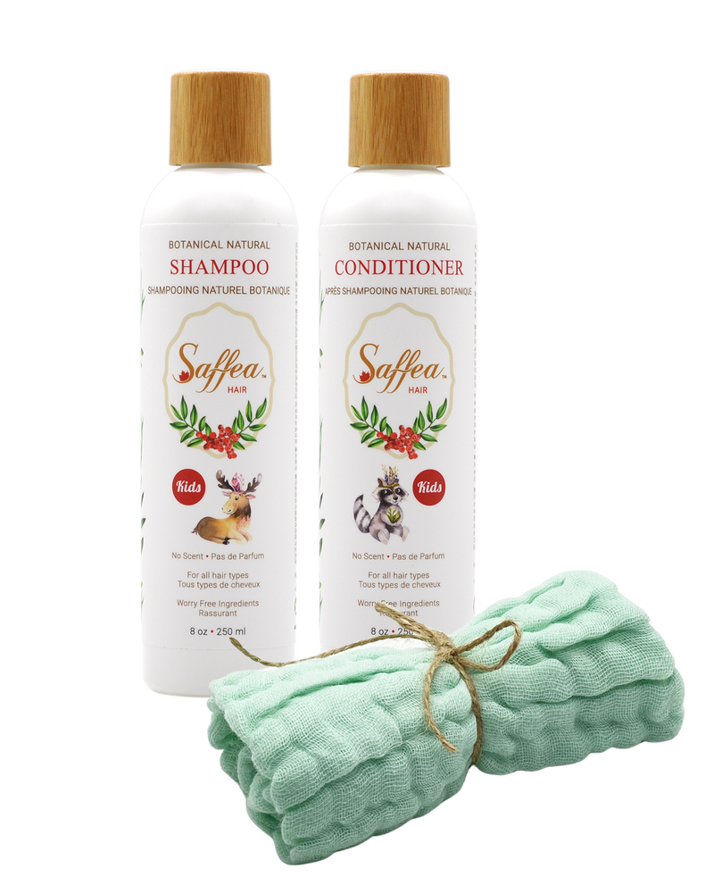 No Scent Kids Gift Set Shampoo, Conditioner, Natural 100 Percent Cotton Face Towel