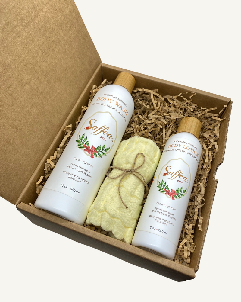 Citrus Adult Gift Set Body Wash, Body Lotion, Natural 100 Percent Cotton Face Towel