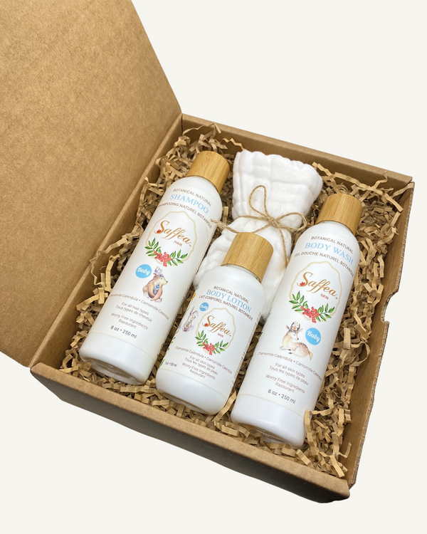 Chamomile-Calendula Baby Gift Set Shampoo, Body Wash, Body Lotion, Natural 100% Cotton Face Towel