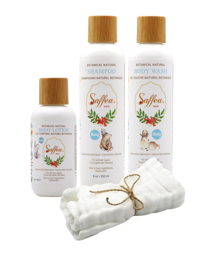 Chamomile-Calendula Baby Gift Set Shampoo, Body Wash, Body Lotion, Natural 100% Cotton Face Towel