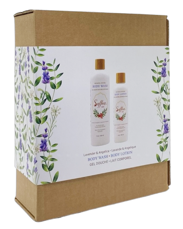 Lavender & Angelica Adult Gift Set Body Wash, Body Lotion, Natural 100 Percent Cotton Face Towel