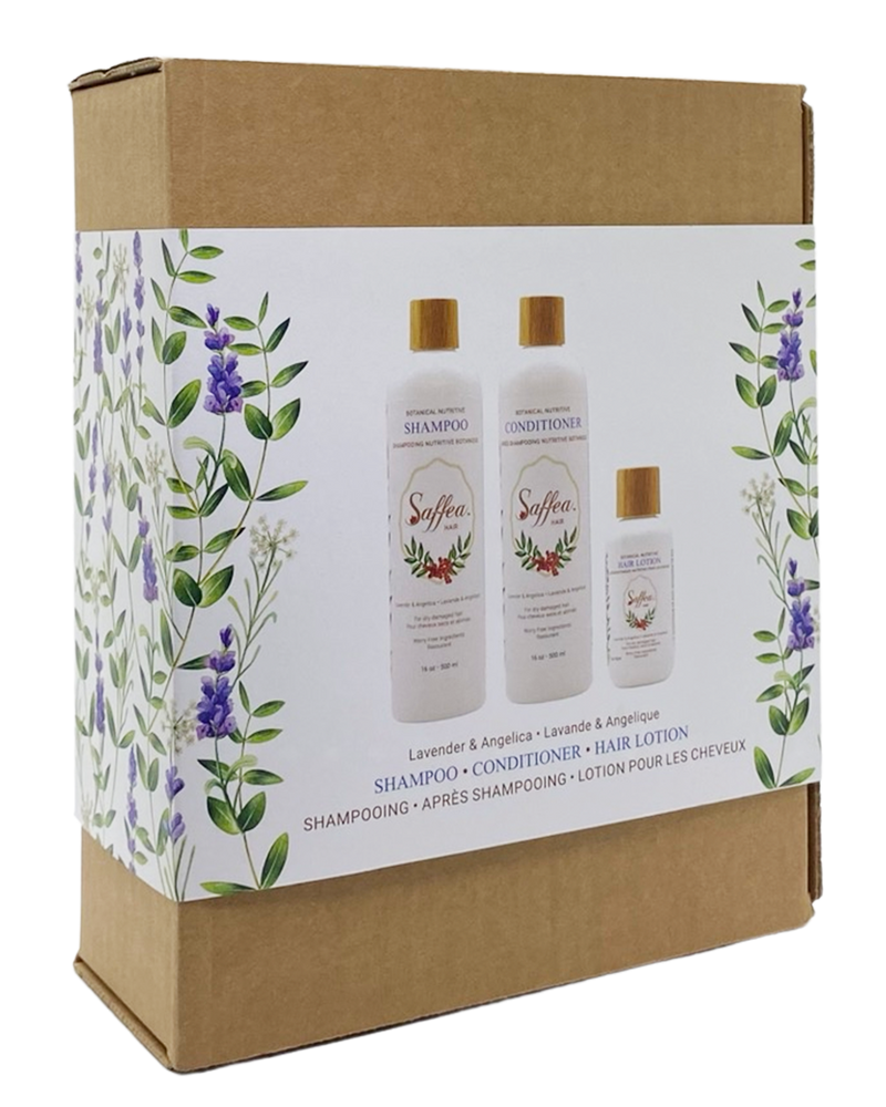 Lavender & Angelica Adult Gift Set Shampoo, Conditioner, Hair Lotion, Natural 100 Percent Cotton Face Towel