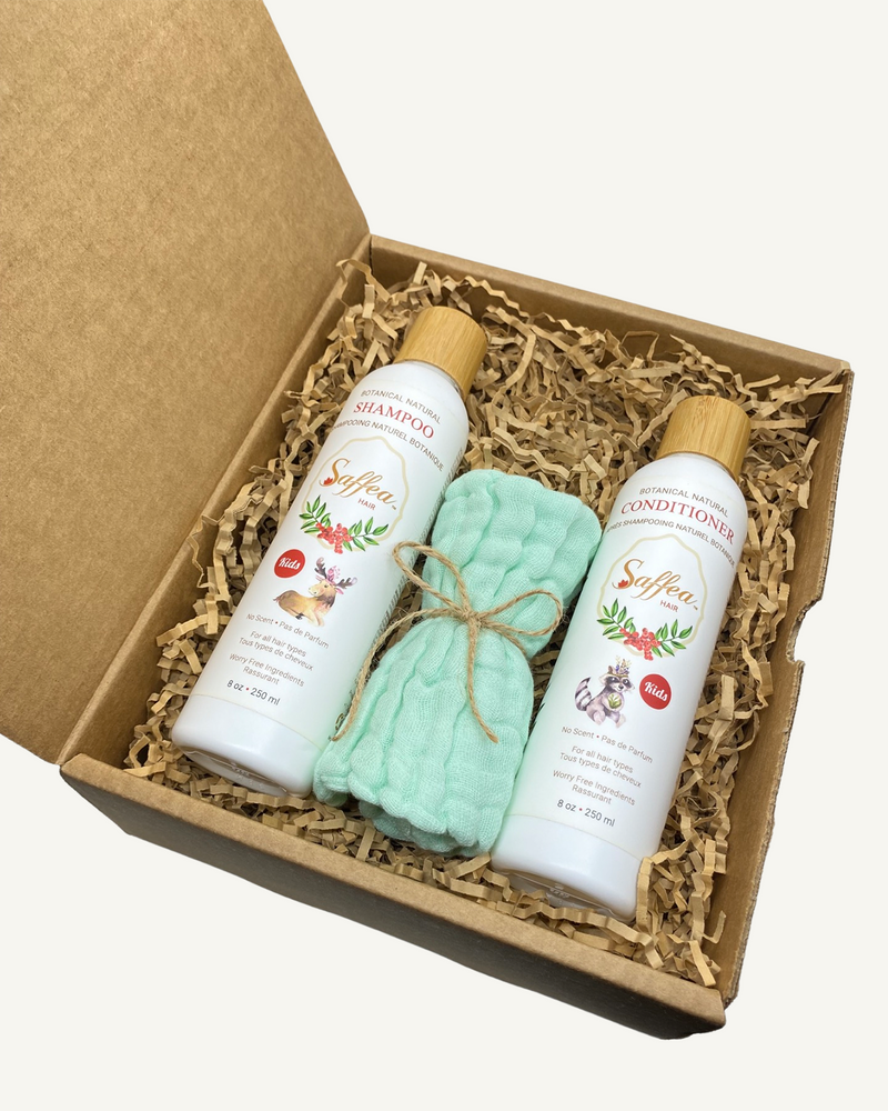 No Scent Kids Gift Set Shampoo, Conditioner, Natural 100 Percent Cotton Face Towel