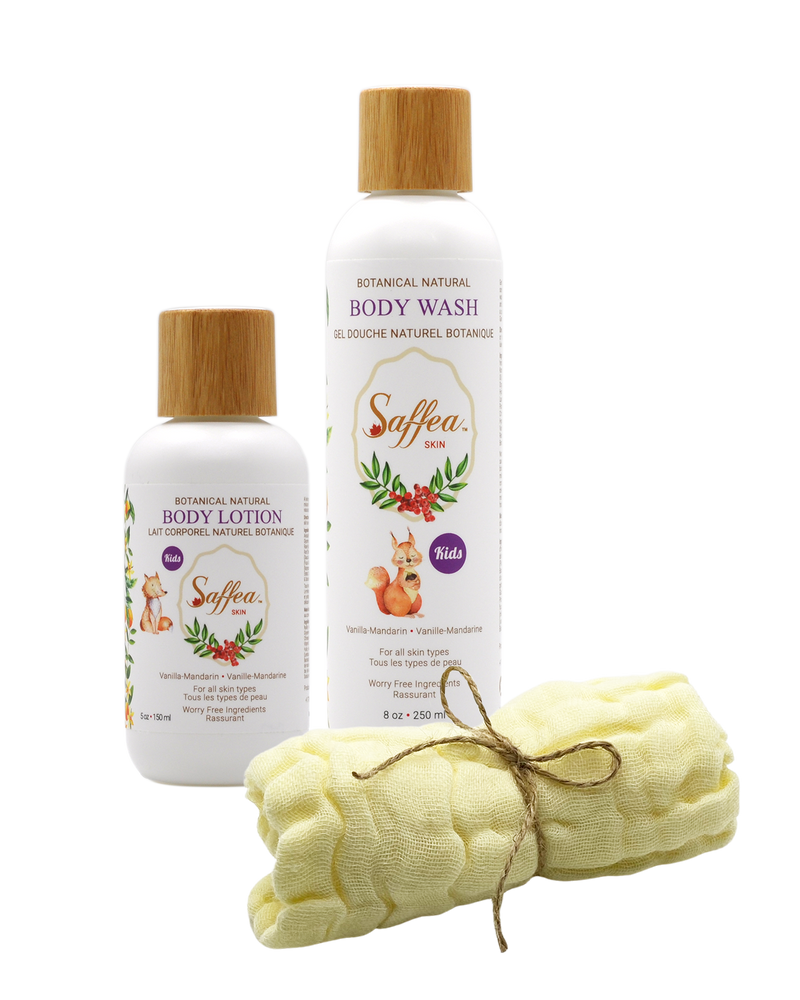 Vanilla Mandarin Kids Gift Set Body Wash, Body Lotion, Natural 100 Percent Cotton Face Towel