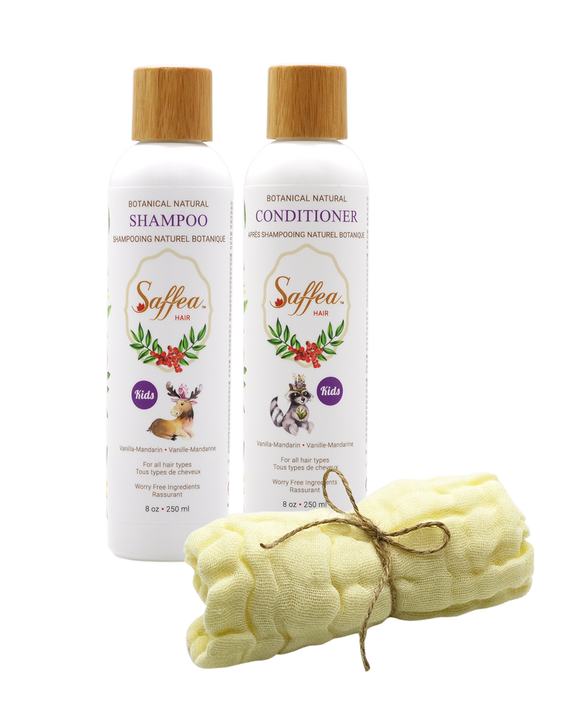Vanilla Mandarin Kids Gift Set Shampoo, Conditioner, Natural 100 Percent Cotton Face Towel